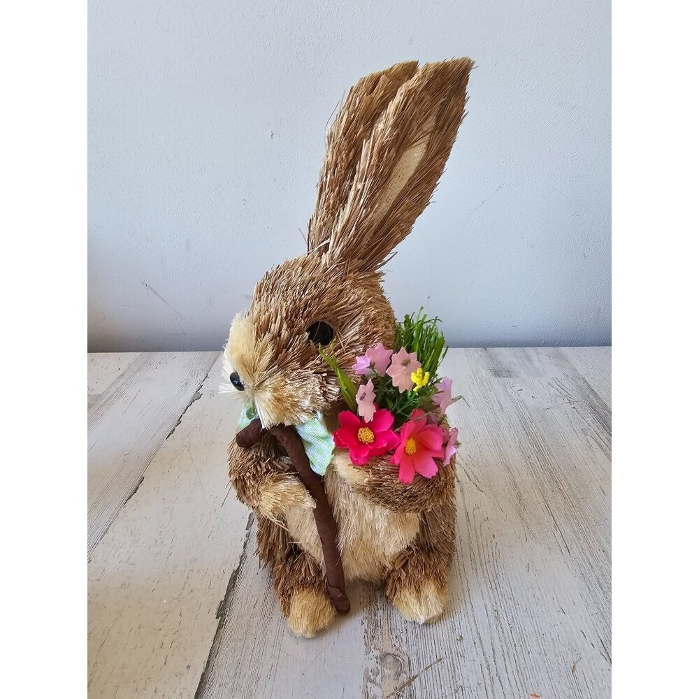 Vintage Pier sisal bottle brush rabbit bunny‎ Easter spring cane flowers bouquet